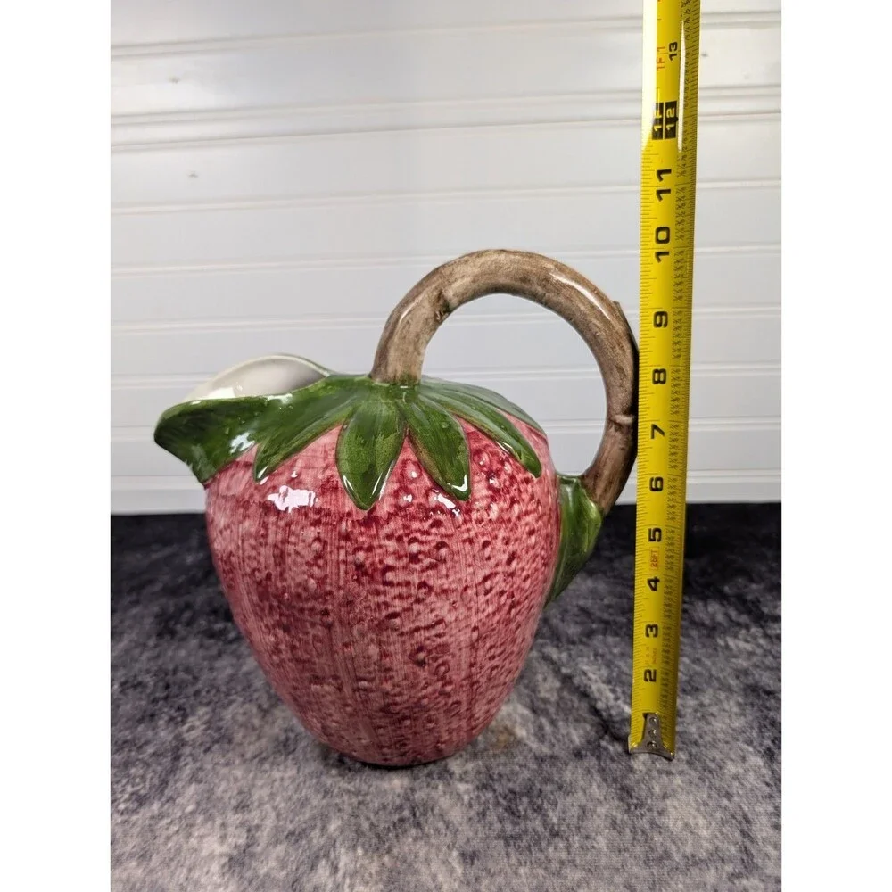 Bassano Italy Strawberry Ceramic Pitcher Hand Painted Vase Pitcher 10”